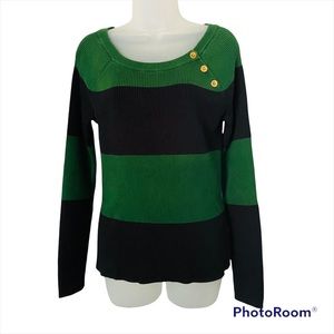 Lauren Ralph Lauren Ribbed Knit Sweater Green Black Striped Pullover Womens L